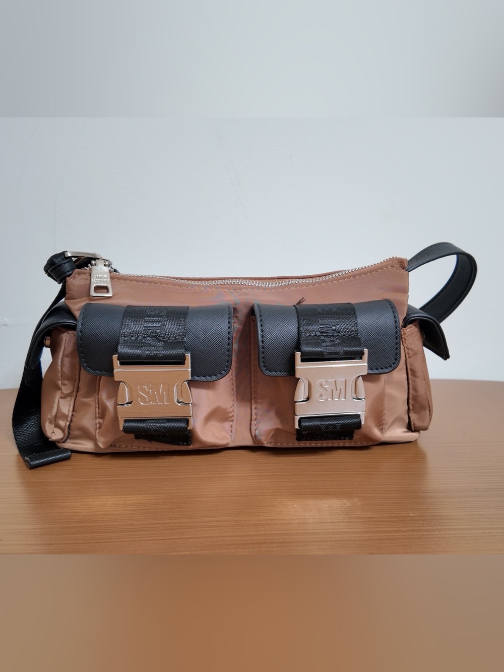 Steve Madden Brown Nylon Cargo Crossbody Bag Dual Buckle Pockets Never Used